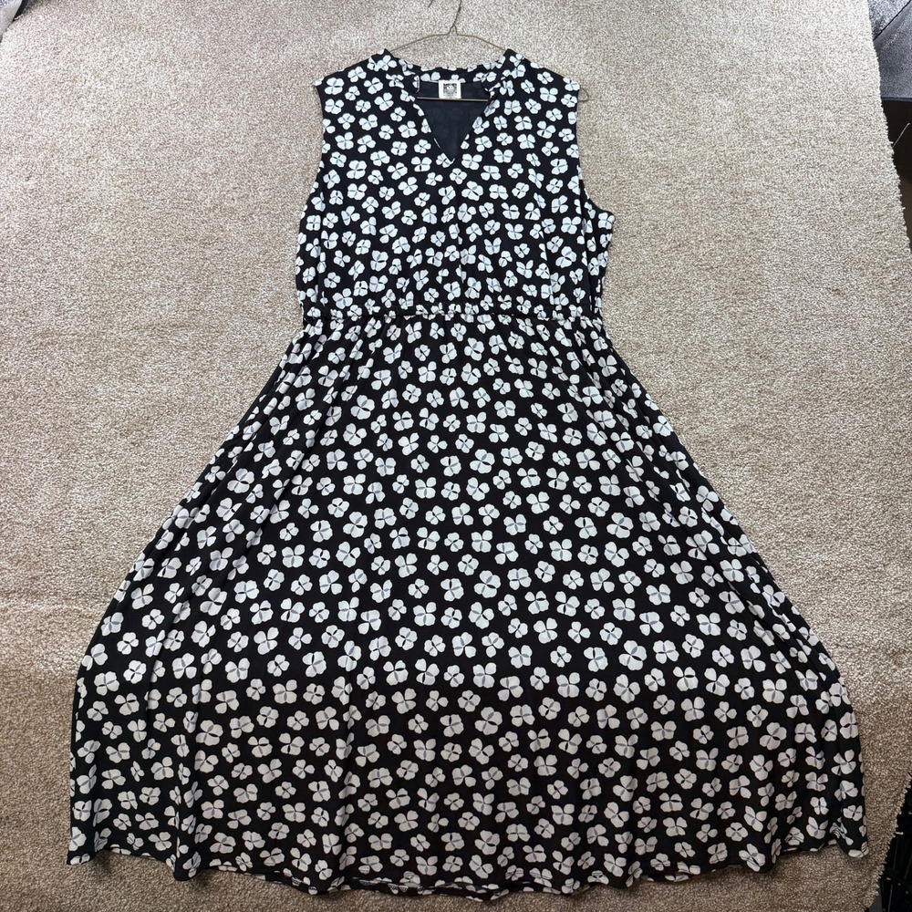 Anne Klein Black White Floral Clover Sleeveless Midi Dress 14 Office Modest